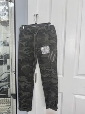 Camo Joggers with Sequin Accent - Olive